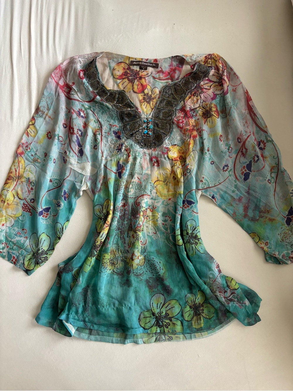 y2k bohemian beaded floral multicolor sheer peasant top medium